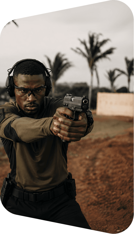 Pistol shooter running a timed stage